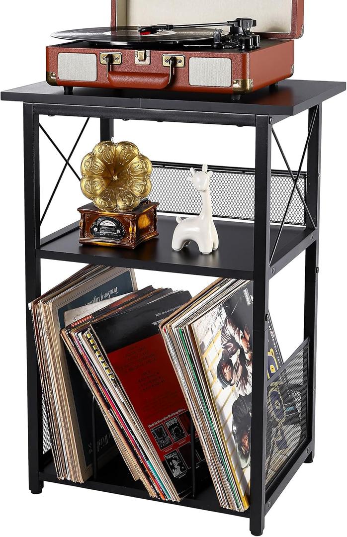 Black Record Player Stand with Vinyl Storage Up to 100 Albums,3 Tier Vinyl Record Storage Table with Extended Desktop,Turntable Stand Records Shelf Side End Table for Living Room Bedroom