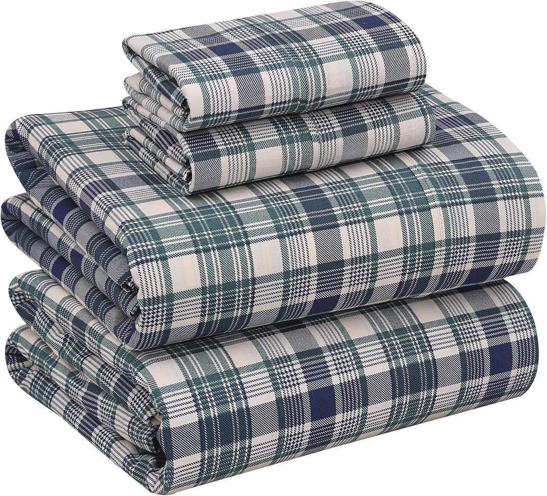 RUVANTI 100% Cotton Sheets  King Size Percale Bedding, Cooling & Breathable Floral Design, Durable with a Crisp, Soft & Comfortable Feel, 16" Deep Pocket, 4-Piece Set, Greenish Blue Plaid