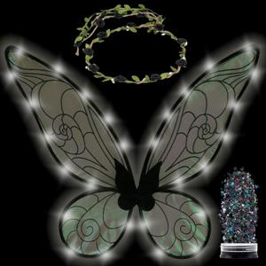 Funcredible Fairy Costume For Women and Girls - Light Up Fairy Wings and Flower Crown, Glitter - Butterfly Wings (Black)