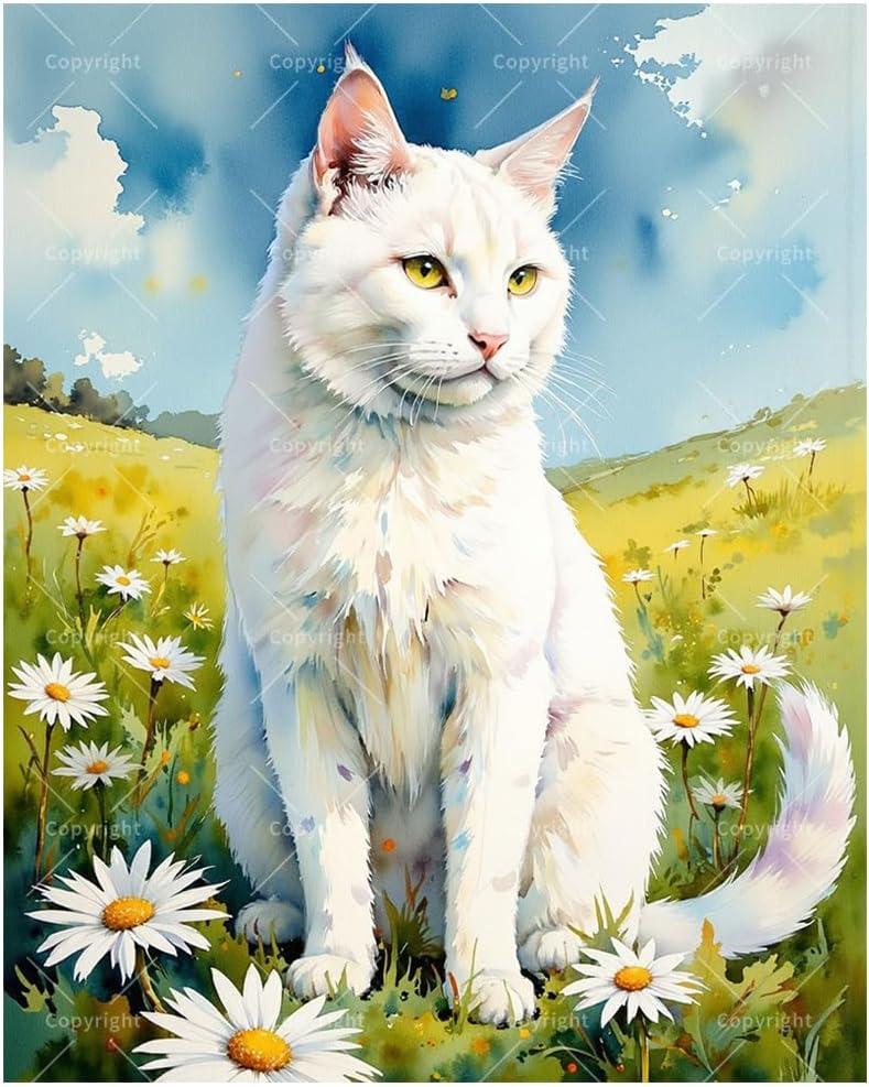 Animal Paint by Numbers Kit for Adults - DIY White Cat in Daisy Meadow Painting on Canvas 16x20 Inches, Acrylic Paint Set, Suitable for Beginners, Art for Home Decoration or Gifts