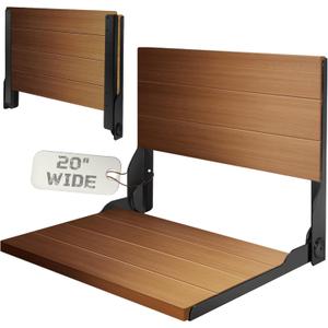 Folding Shower Seat 20'', Large Teak Shower Seat, Folding Shower Bench, Wall Mount Foldable Chair, 500 lbs Capacity, Stainless Steel, Black