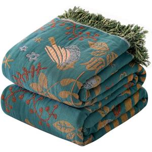 Boho Throw Blanket for Couch Sofa Bed, 100% Cotton Woven Quilt with Tassel 80x90, Super Soft Muslin Blanket with Floral Printed, Decorative Reversible Bed Blanket/Cover for All Seasons