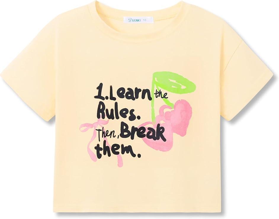 Dvenki Girls Graphics Crop Short Sleeve Crewneck Tee Size 16-18 | soft cotton blend fabric, cropped short hem, fun graphic print, casual summer tops for school and vacation (16-18)