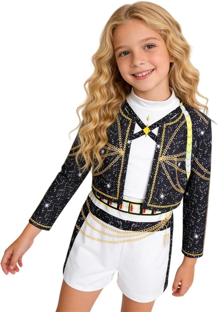 SAVITO Pop Idol Cosplay Costume Popular Singers Stage Costumes for Ages 3-12 Black Printed Costumes Black B (7-8 Years/140CM)
