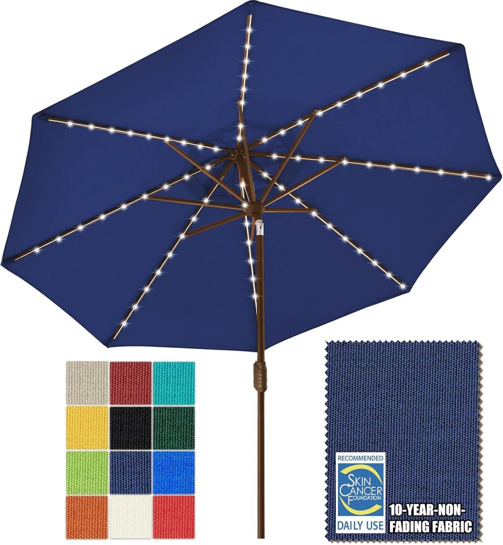 EliteShade USA 10-Year-Non-Fading Solar 9ft Market Umbrella with 80 LED Lights Patio Umbrellas Outdoor Table Umbrella with VentilationNavy Blue