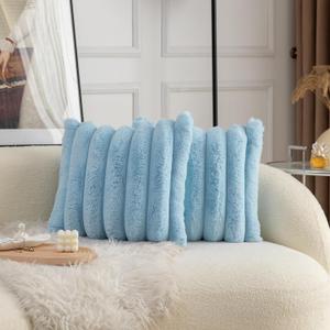 Neelvin Blue Faux Fur Cozy Soft Striped Decorative Throw Pillow Covers 24x24 inch Set of 2,Velvet Pillowcase Cushion Case for Sofa Couch