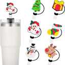 Cute Christmas Straw Covers 6 Pcs - Santa Claus, Elk, Snowman Designs - Reusable Silicone Straw Lids Protectors - Holiday Party Cup Decorations