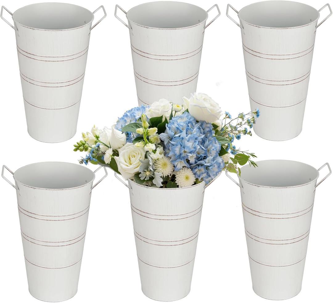 12 Inch Galvanized Flower Buckets, 6 Pcs Farmhouse Metal Flower Vases French Tin Planter Bucket for Party Wedding Centerpiece, Vintage Home Table Decor, French Country (White)