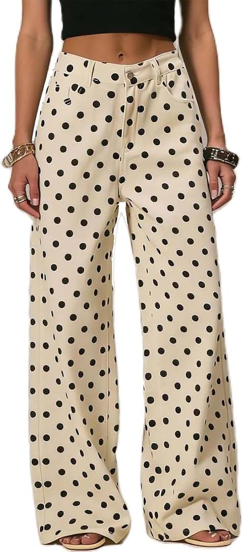 Mxiqqpltky Polka Dot Jeans Women Low Rise Cute Baggy Jeans Y2k Straight Wide Leg Boyfriend Denim Pants Streetwear, Large