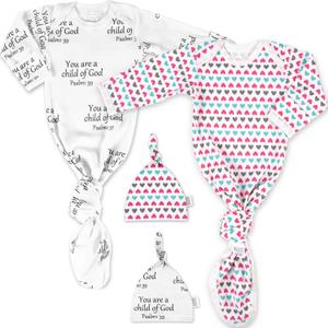 Ocean Drop Designs Baby Gowns 2 Packs (0-6 M) - 100% Cotton Newborn Coming Home from Hospital Outfit, Knotted Baby Nightgown, Hospital Newborn Outfit for Boys & Girls (Pink Hearts)