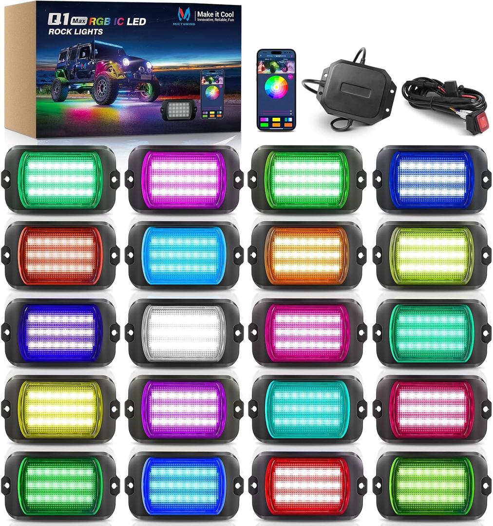 MICTUNING Q1 MAX RGB+IC Rock Lights 20 Pods Kit, 480 Beams 1000% Brighter Chasing Dreamcolor Underglow Neon Lights, APP Control Multicolor Extensible Underbody Lighting Kit for Truck ATV UTV Boat