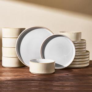Stoneware Plates and Bowls Dishes Sets for 6 (18-Piece), Famiware Premium Handcrafted Reactive Glaze Dinnerware Set with Raised Rim, Scratch Resistant, Microwave Dishwasher Safe, Cappuccino White