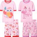 Joyond Girls Pure Cotton Summer Pjs Size 2T-14Years, Little Girls Short Sleeve 4-Piece Sleepwear Kids Toddler Pajamas Set (Pink Owl&flamingos)