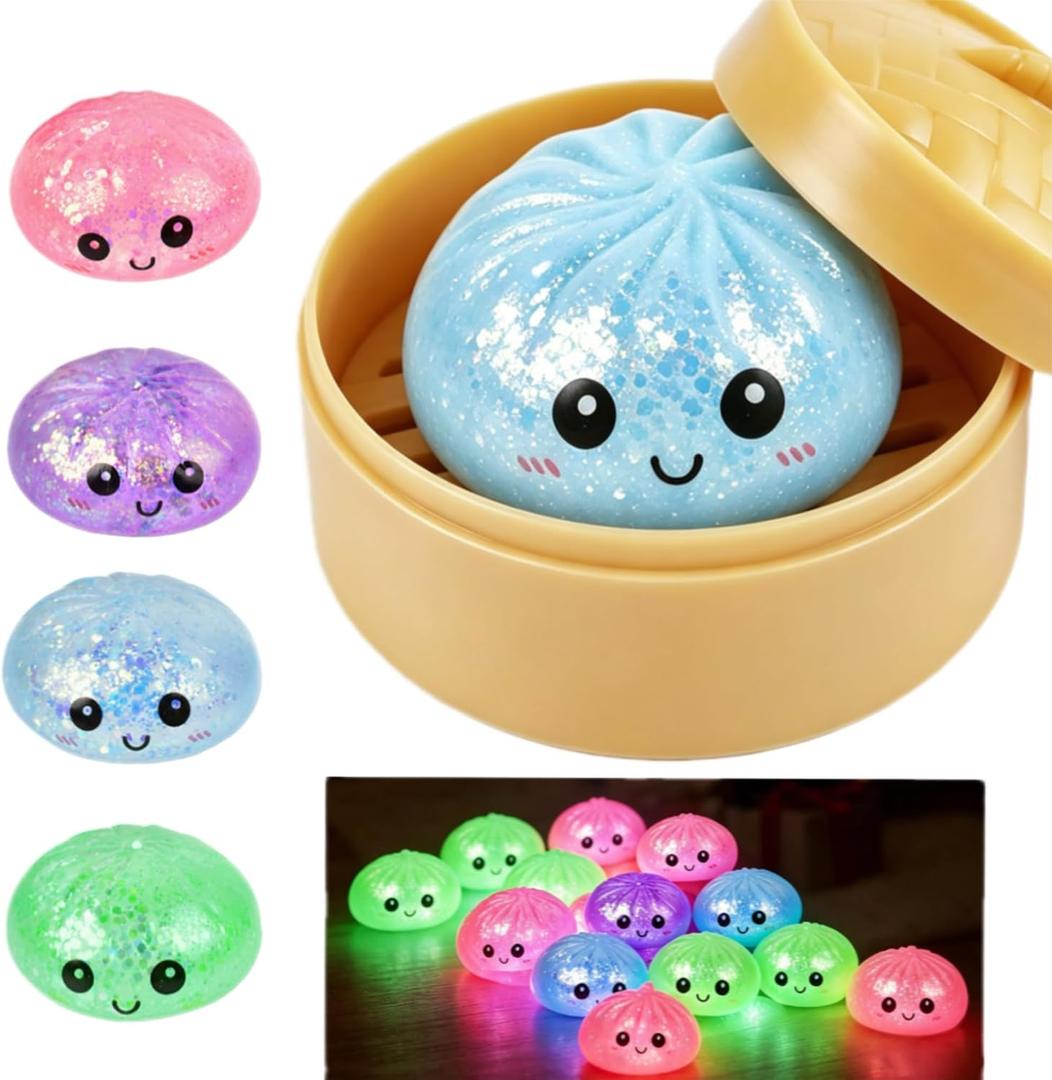 2026 New Glitter Will Emit Light Dumplings Squishy,Colorful Dumplings Stress Balls Fidget Sensory Box,Stress Relief Stretchy Desk Toys (Blue)
