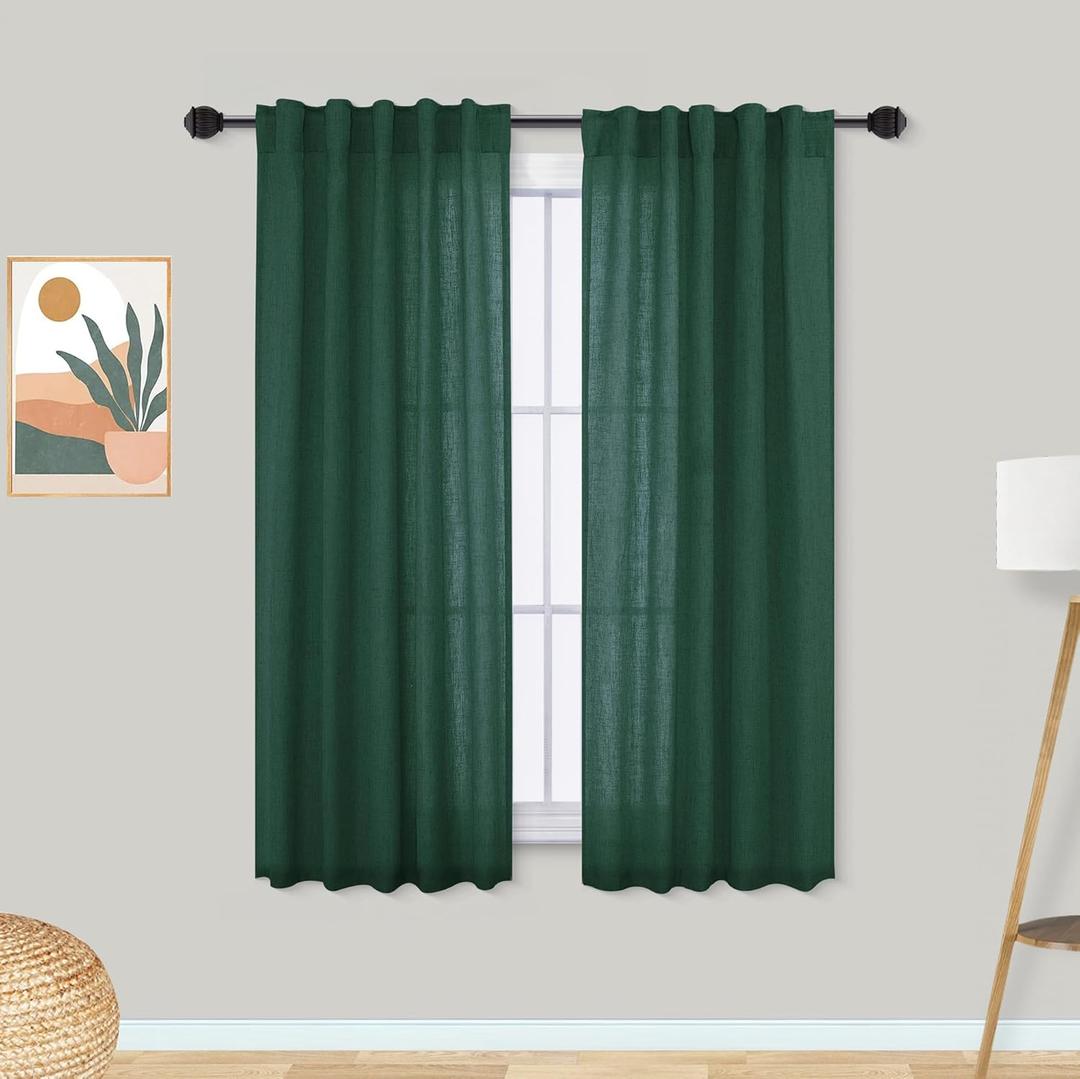 Mrs.Naturall Bathroom Window Curtains,Dark Green Linen Short Sheer Curtains 54 Inch Length (36"W x 54"L (Pack of 2))