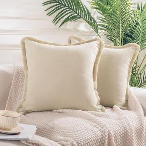 NEXHOME PRO Boho Throw Pillow Covers for Couch Set of 2 18"x18", Handmade Decorative Linen Pillow Covers Shams for Sofa, Living Room, Farmhouse Fringed Cushion Covers, Beige (NO Insert)
