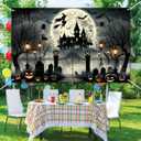 Halloween Witch Banner 71x43 Inch Backdrop with Haunted House, Bats, Pumpkins, Spider Webs, and Creepy Graveyard for Halloween Party Decorations Banner