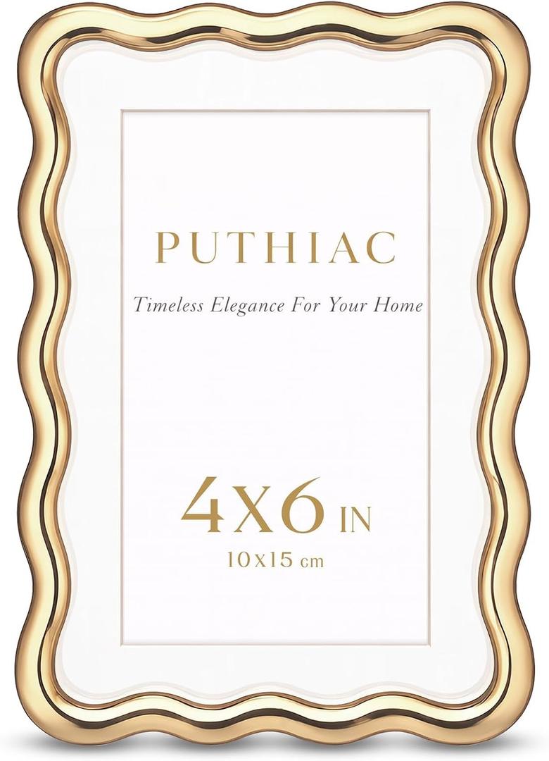 4x6 Wavy Picture Frame, Zinc Alloy Gold Frame, Tempered Glass | Decorative wave profile with included 3x5 mat, ideal for wedding photos, anniversaries, portraits, and elegant home dcor
