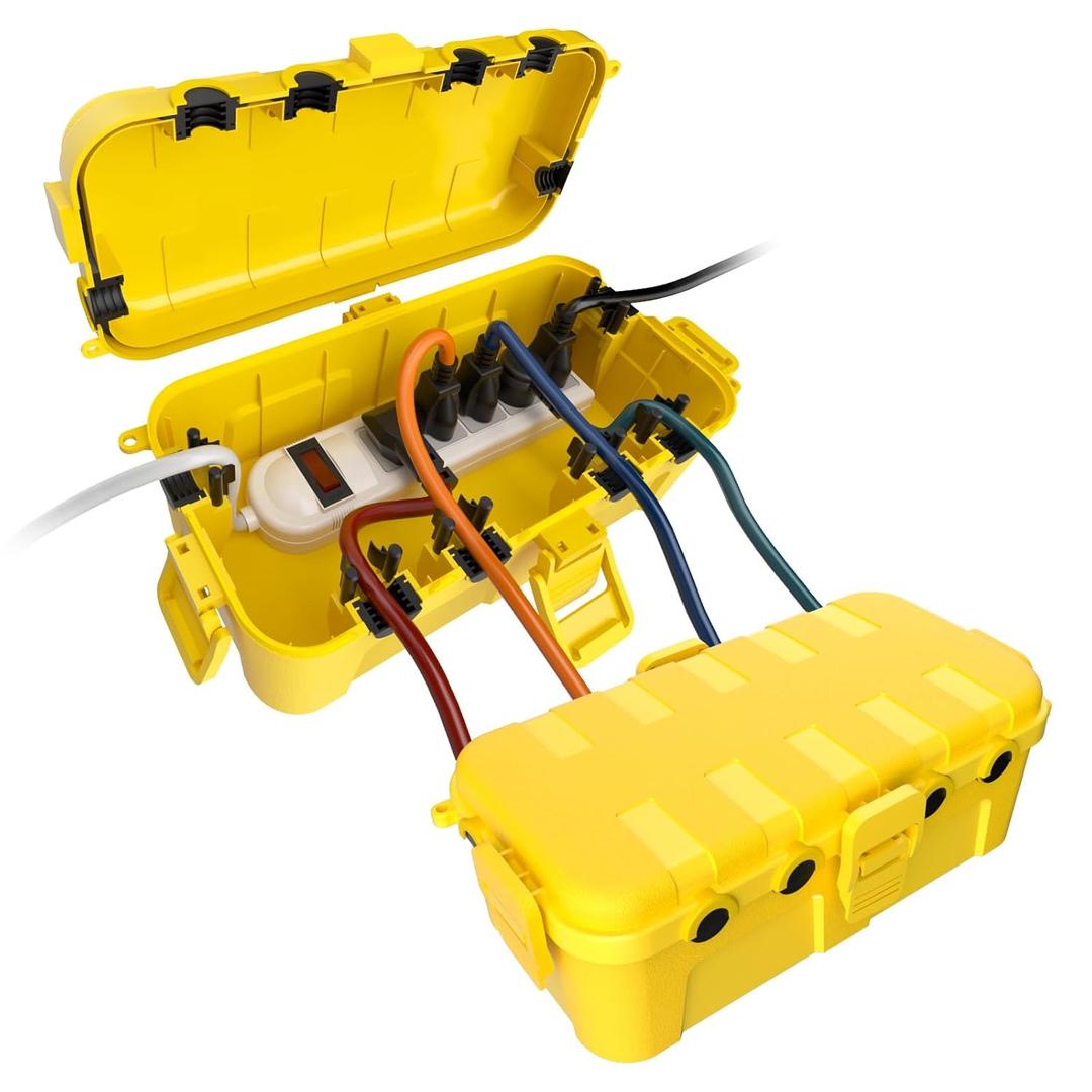 Flemoon [2 Pack] Outdoor Electrical Box Waterproof, Medium Weatherproof Electrical Box (11.5x5.2x4 inch) w/6 Cable Entry Ports, Extension Cord Cover for Power Strip, Timer, Holiday Light, Yellow