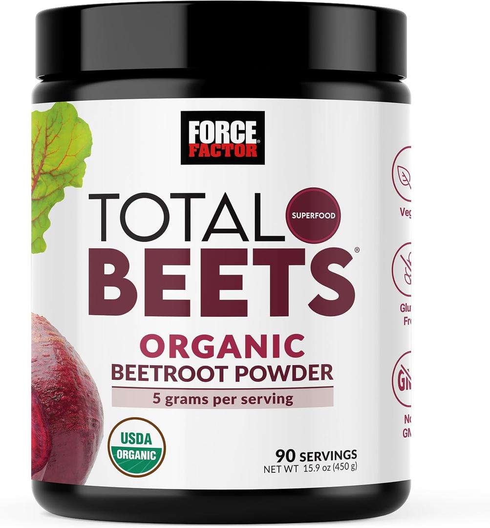 Force Factor Total Beets Organic Beetroot Powder Superfood to Boost Daily Nutrition, USDA Organic, Vegan, Gluten-Free, and Non-GMO Beet Supplement, Unflavored, 90 Servings (EXP 05/31/27)