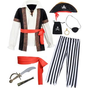 9 PCS Pirate Costume Kids Coat Pants Hat with Accessories Deluxe Set for Party Cosplay 3-12 Years
