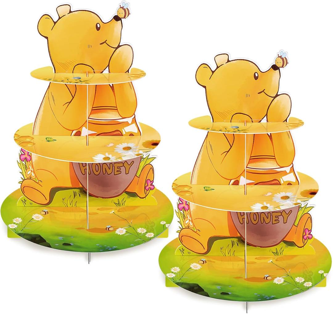 BACUTHY 2 Pack Winnie Baby Shower Decorations Birthday Cupcake Stands: Bear Party Theme Cake Stand Toppers Supplies for Girl Boy Kids Gender Reveal First Party - Hold 48pcs Cupcakes Table Decors
