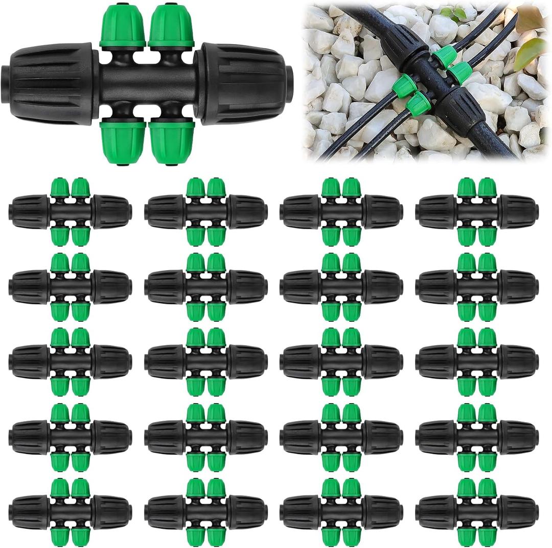 Kalolary 20PCS Locked Barbed Tee Connectors, 1/2 to 1/4 Drip Irrigation Fittings Kit 12/16mm to 4/7mm Tube Lock Female Connector 6-Way Barbed Lock Irrigation Parts for Watering System (Black Green)