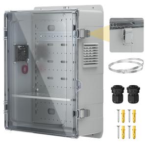 Joinfworld Outdoor Electric Enclosure Box 18.1x12.6x6.4 Waterproof | ABS Clear Weatherproof WiFi Enclosure with 12V Fan, Stainless Steel Buckles, DIN Rail & Wall/Pole Mounting