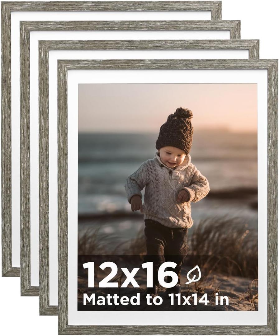 KINLINK 12x16 Picture Frame Light Walnut, Wooden 16x12 Photo Frames with Plexiglass for 11x14 Picture with Mat or 12x16 Without Mat, Perfect for Art Wall and Tabletop Display 12 x 16 frame Set of 4