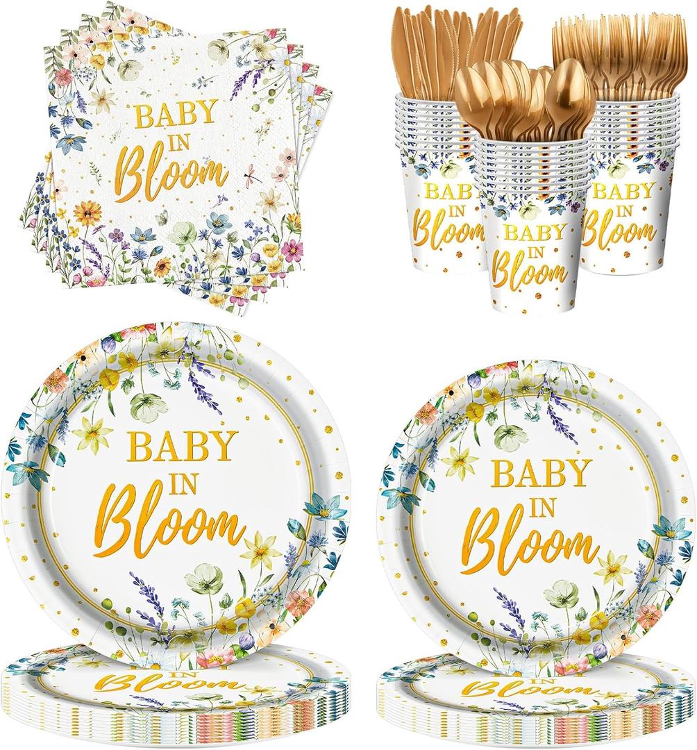 Kelfara 200Pcs Spring Baby in Bloom Baby Shower Decorations Plates Set, Wildflower Floral Baby Shower Paper Plates Napkins Cups and Gold Cutlery Set, Serve 25