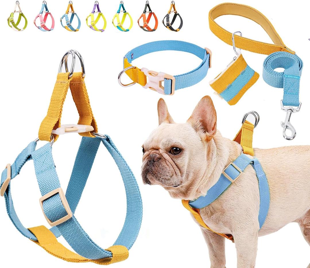 No Pull Dog Harness and Leash Set, Dog Collar, Step in Dog Halter Harness with Poop Bag Holder, Adjustable Lightweight Cotton Straps Suitable for Small Medium Large Dogs Outdoor Walking Running Hiking (Blue-Orange-Set)