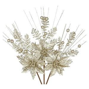 3 Pcs Champagne Artificial Poinsettia Flowers Picks Glitter Christmas Floral Picks and Sprays Christmas Fake Flowers Stems with Berries Pine Branches Fillers for for DIY Centerpieces Vase Decor