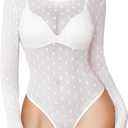 Avidlove Womens Mesh Long Sleeve Bodysuit Round Neck Sheer Leotards Geo Print Bodysuit Top with Snap Crotch (Large, White Polka Dots)