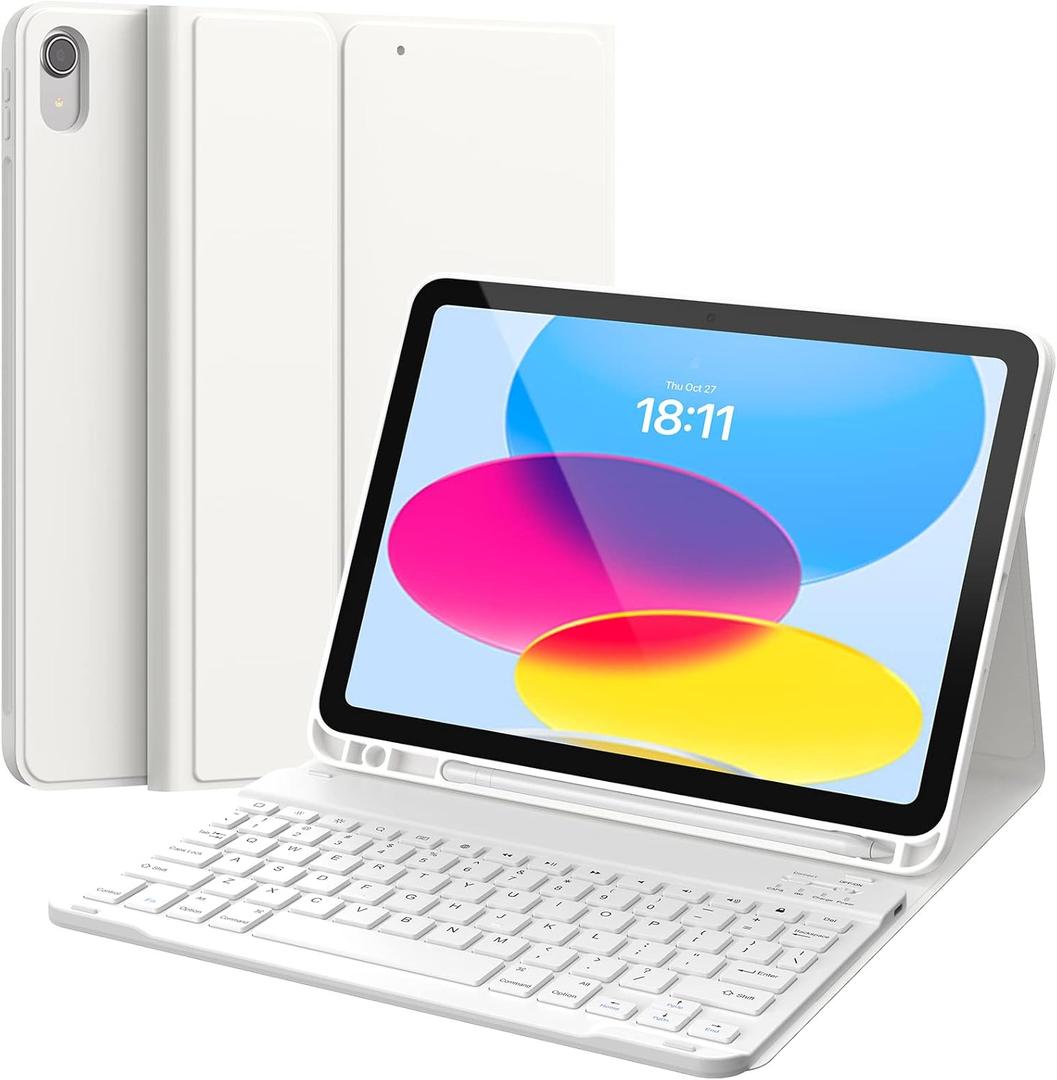 CHESONA Keyboard Case for iPad (A16) 11th/10th Generation (2025/2022), Detachable Wireless Keyboard, Stand Folio Keyboard Cover with Pencil Holder, Thin & Light (White) (For iPad (A16) 11th & iPad 10th, White)