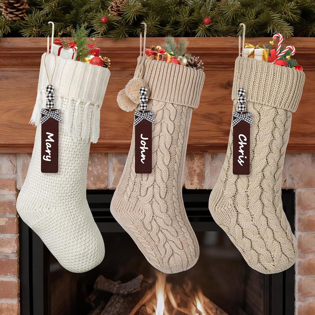 KHOYIME Personalized Knit Christmas Stockings, 3 Pack 18'' Large White Khaki Vintage Knitted Xmas Stocking with Wooden Names Tags, Boho Farmhouse Rustic Hanging Decorations for Family Holiday Mantel