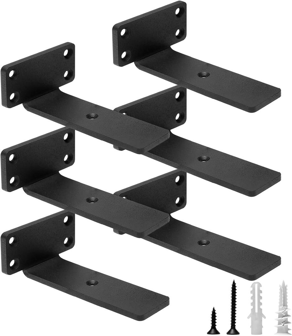 HITOMEN Heavy Duty Floating Shelf Brackets, 5-Inch (1/5'' Thick) Hidden Shelves Hardware, Iron L Brackets, Rustic Industrial Black Metal Wall Shelving Supports, 6 Pack
