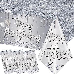 Dydamud Happy Birthday Tablecloth,3pcs Sliver Table Cloths for Parties Glitter Sliver Birthday Decoration for Women Men’s 18th 21st 30th 40th 60th 70th Birthday Party Supplies