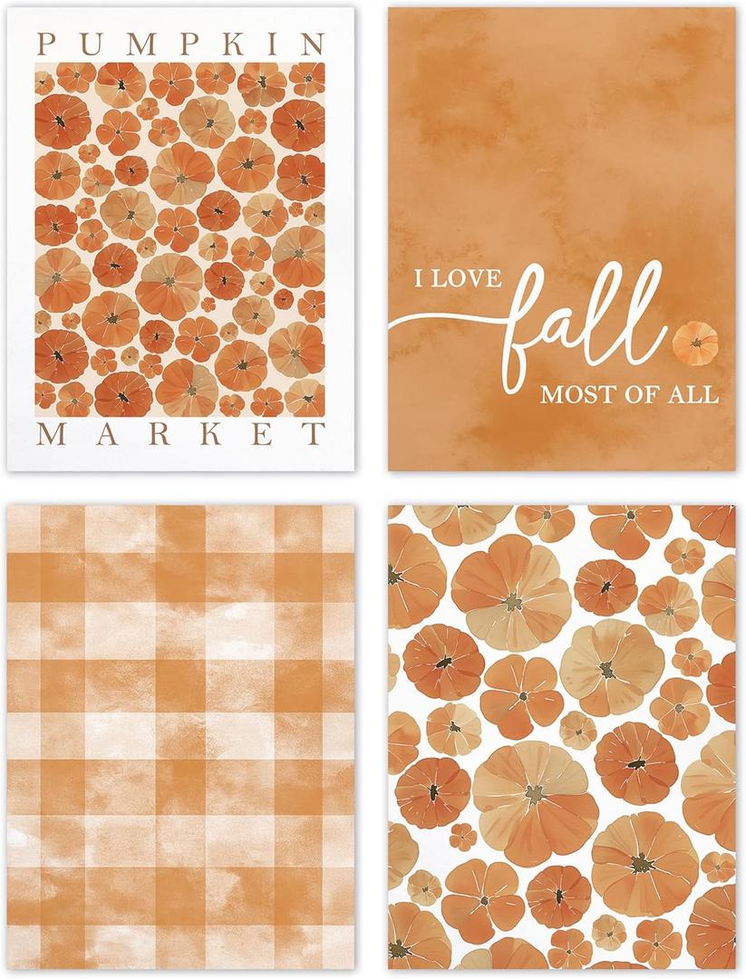 TLESKE Orange Fall Pumpkins Market Posters Prints Unframed Set of 4, Autumn Aesthetic Wall Art Prints for Dorm Bedroom Living Room, I Love Fall Most of All Pictures Wall Decor, 12x16 (16L" x 12W")