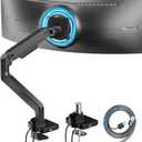 ARES WING Ultrawide Monitor Arm with USB A/C, for 17 to 49 inch Heavy Duty Screen, Holds 44 lbs, Adjustable Gas Spring Arm Desk Mount with Clamp and Grommet Base, Black
