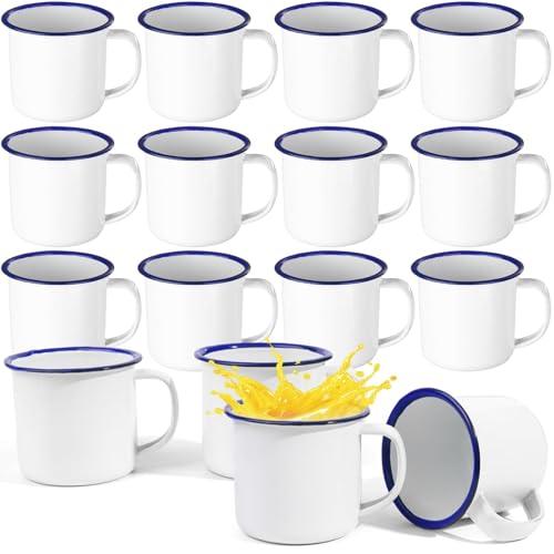 16 Pcs 4 oz Enamel Camping Coffee Mugs Mini Metal Mug with Handle Small White Enamel Mug Vintage Round Tea Cup Portable Drinking Cups for Outdoor Indoor Picnic Travel Camping Holiday Gifts
