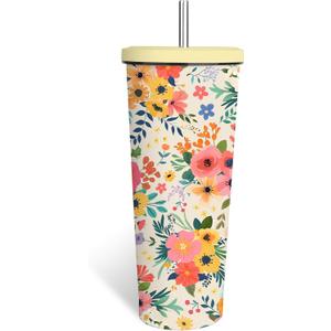 Floral Boho Tumbler 24oz With Lid, Flowers Gifts, Flower Coffee Cup Gifts for Women Girls, Abstract Retro Mid Century Flower Gift for Her on Christmas Birthday Mothers Day