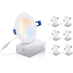 CLOUDY BAY 4 inch 3000K/4000K/5000K Three Color Temperature Selectable, Dimmable 10W CRI 90+,Ultra Thin Recessed Downlight with Junction Box, Canless Wafer Down Light, Damp Location,White Finish, 6PK (3CCT)