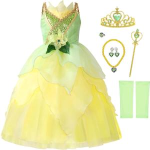 Girls Cinderella Costumes Halloween Princess Dress Up Fancy Birthday Party Ball Gown Tiana, 4-5 Years