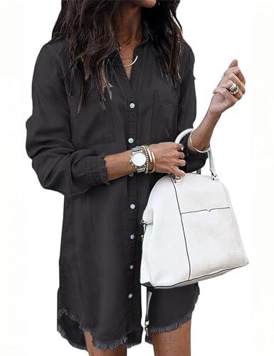 Zilcremo Women Denim Shirt Dresses Long Sleeve Distressed Jean Dress Button Down Casual Tunic Top Black XL