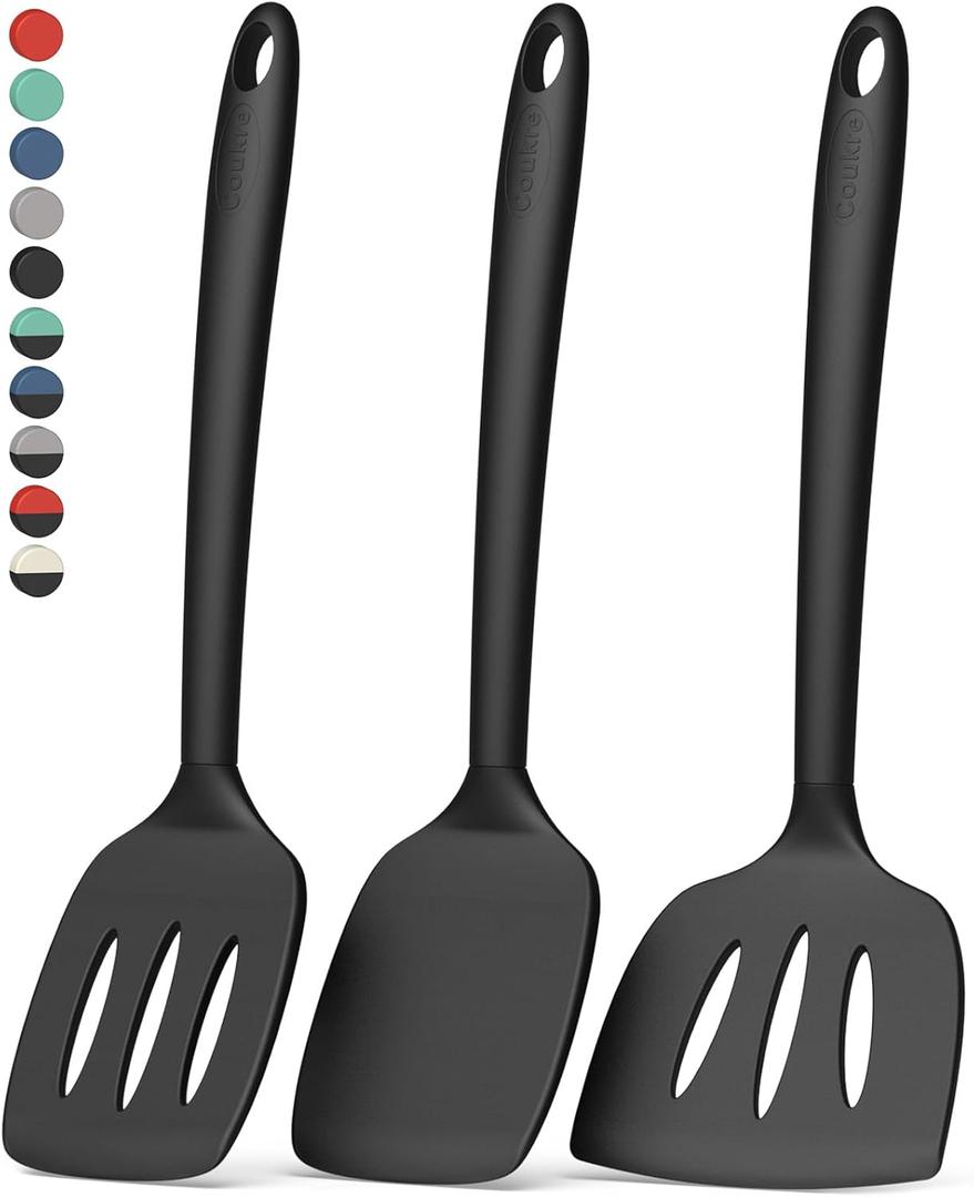 Coukre 3 Pack Silicone Spatula Set, High Heat Resistant, BPA-Free, Fish Spatula, Solid & Slotted Turner for Non-Stick Pans, Flipping Eggs, Pancakes, Fish, Burgers (3, Pure Black)