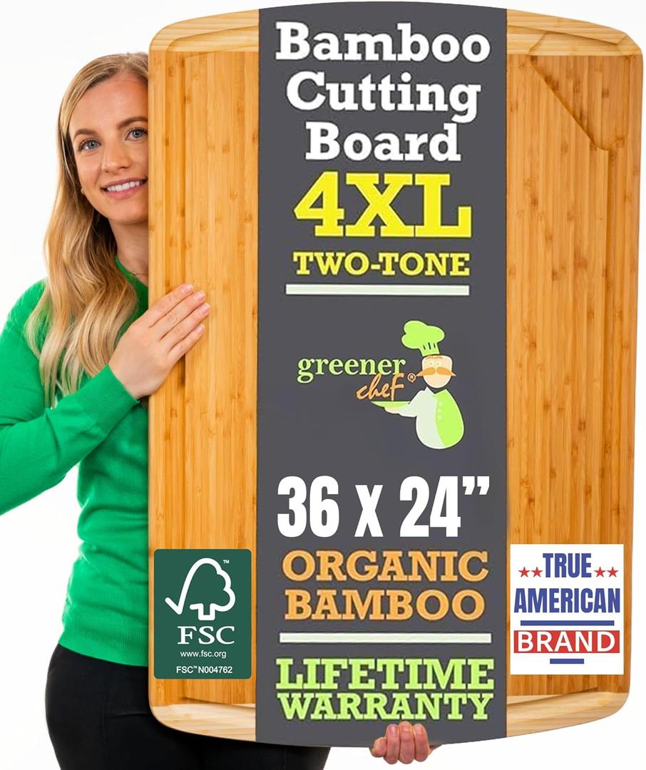 FSC Certified 36 x 24 Inch Extra Large Bamboo Cutting Board with Lifetime Replacements  4XL Butcher Block, Oversized Carving & Charcuterie Board, Stovetop Cover for Kitchen Counter Space (Two-Tone)