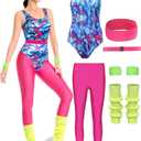 80s Workout Costume for Women Adult Aerobics Outfit Yoga Jumpsuit 90s Retro Accessories Set Leotard Legging Headband (X-Large, Red)