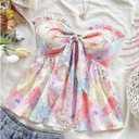 Milumia Women's Floral Plants Print Tie Front Tube Top Ruffle Trim Strapless Peplum Tops (M)