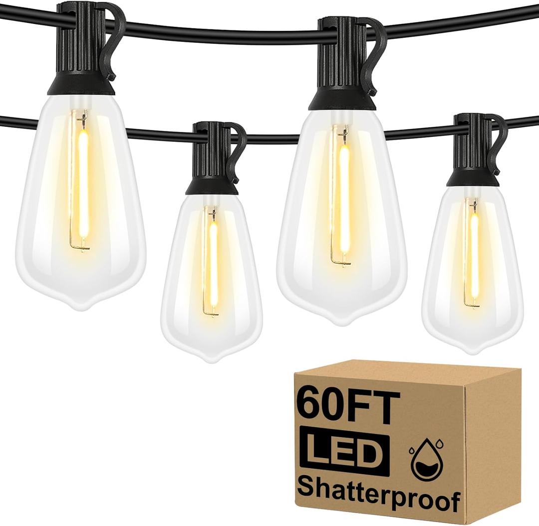 Brightever LED Outdoor String Lights 60FT with 32 Shatterproof ST38 Vintage Edison Bulbs, Outside Hanging Lights Waterproof for Patio, Porch, Deck, Garden, Backyard, Balcony, 2700K Dimmable (60FT-Warm White, Black Wire)