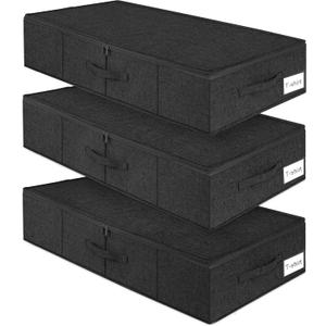 Under Bed Storage Container, 3 Pack Underbed Storage Bags With Lid, Foldable Sturdy Clothes Storage Organizer W/ 3 Handles, Ultra Thick Fabric Blanket Shoe Storage Box, 30x15x6.7inch, Black, 50L